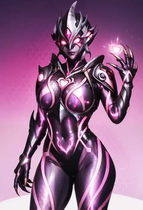Ultraman Style Girl. Covered in black and purple skin. Pink lines. Glowing crystals on her chest. Sharp claws. Firm breasts. Curved waist. Thighs. A carapace covering her face. Armor-like skin. Honeycomb-patterned skin. Fusion with tentacles. A glowing pin...
