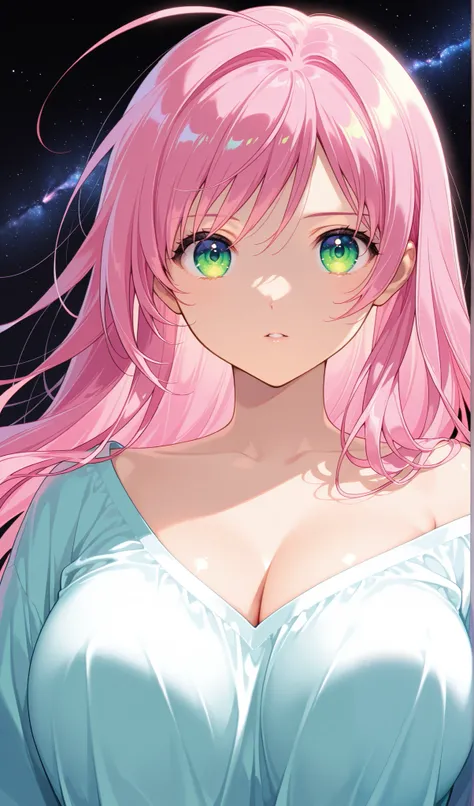 (( 1 girl)), normal moka akashiya, long hair, green eyes, pink hair, ahoge, large breasts,Toyoaki Yoshi 、Black background,colorful, loose clothes,face close up, "Intricate Iris Details", "Captivating Eye Reflections",Beautiful eyes, vibrant, Shining Contou...