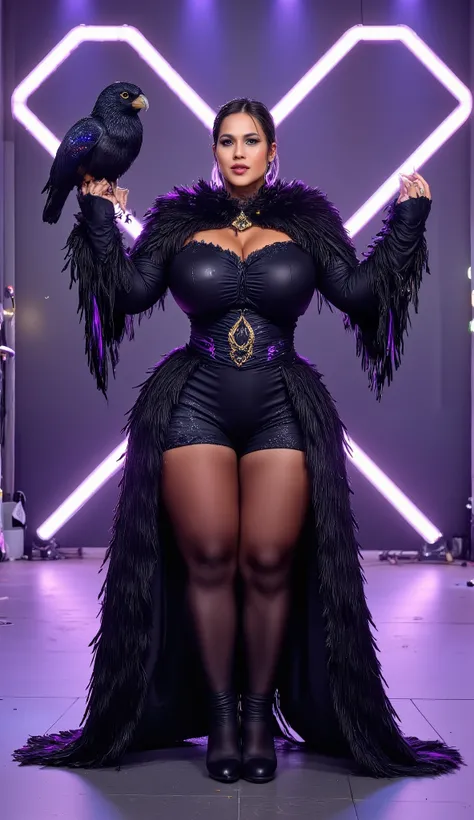 A mysterious British woman with sleek, jet-black hair steps onto the AGT stage in a full-body raven costume, its obsidian feathers pulsing with neon purple and deep blue glow effects. A giant mystical raven, its eyes glowing like twin moons, perches ominou...