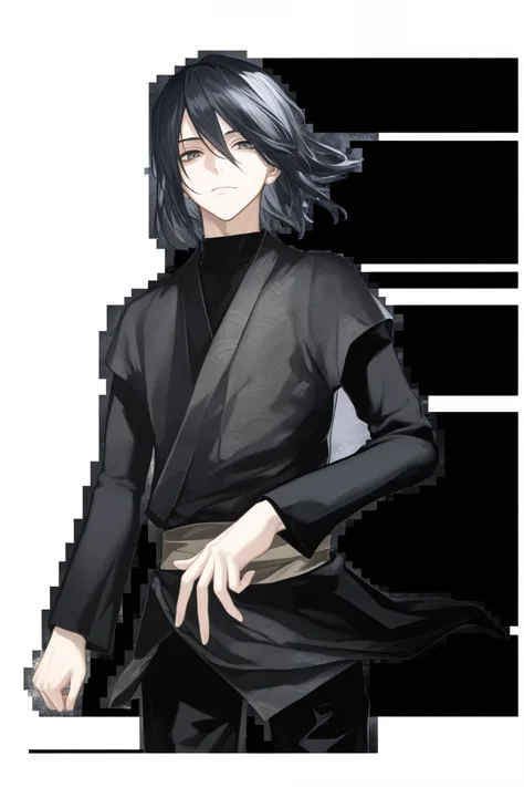 solo, looking at viewer, black hair, long sleeves, 1boy, hair between eyes, closed mouth, standing, male focus, cowboy shot, japanese clothes, pants, black shirt, black pants, black background