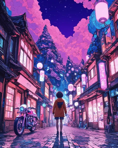 A young traveler in a futuristic Japanese village, standing outside a neon-lit wooden shop. A cyberpunk-style Yamaha motorcycle with glowing blue accents is parked beside, emitting a soft hum. Holographic lanterns hang from the ceiling, illuminating the st...