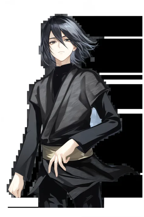 solo, looking at viewer, black hair, long sleeves, 1boy, hair between eyes, closed mouth, standing, male focus, cowboy shot, japanese clothes, pants, black shirt, black pants, black background