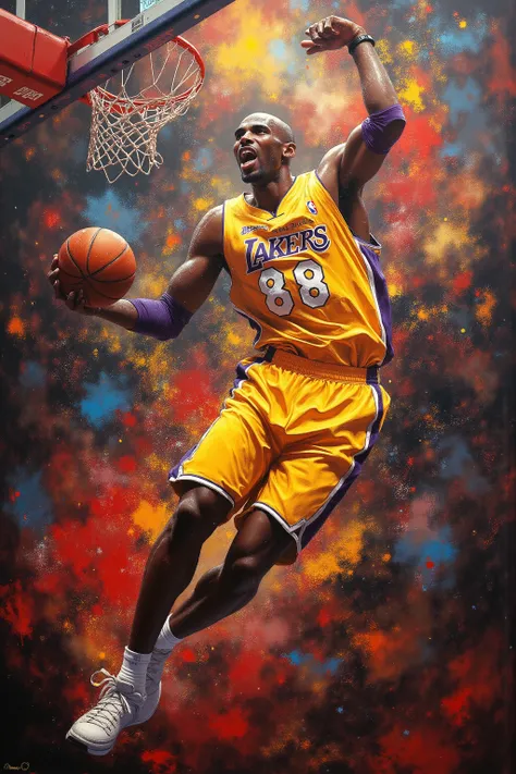 A vibrant, abstract painting depicts a male basketball player, likely Kobe Bryant, in mid-air during a slam dunk. He is dark-skinned and appears to be in his prime, athletic build. He is wearing a yellow Los Angeles Lakers jersey with the number 8 promine...