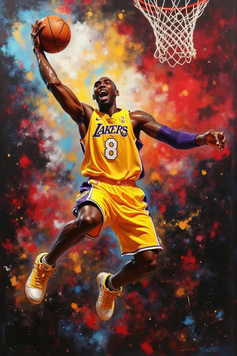 A vibrant, abstract painting depicts a male basketball player, likely Kobe Bryant, in mid-air during a slam dunk. He is dark-skinned and appears to be in his prime, athletic build. He is wearing a yellow Los Angeles Lakers jersey with the number 8 promine...