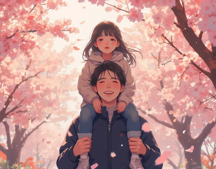 "A young father with short black hair and bright eyes, wearing a dark blue jacket, smiling happily while carrying his little daughter on his shoulders. The daughter has short brown hair, a light beige jacket, and blue jeans. She is looking at cherry blosso...