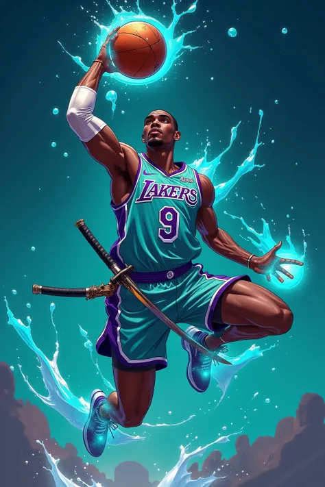 A dark-skinned man, likely in his late twenties or early thirties, is depicted in a dynamic basketball action pose. He is a professional basketball player, wearing a teal and purple Los Angeles Lakers jersey with the number 9 prominently displayed. He's ...