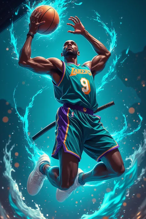 A dark-skinned man, likely in his late twenties or early thirties, is depicted in a dynamic basketball action pose. He is a professional basketball player, wearing a teal and purple Los Angeles Lakers jersey with the number 9 prominently displayed. He's ...
