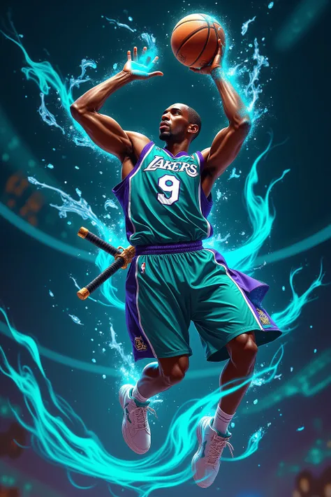 A dark-skinned man, likely Kobe Bryant in his late twenties or early thirties, is depicted in a dynamic basketball action pose. He is a professional basketball player, wearing a teal and purple Los Angeles Lakers jersey with the number 9 prominently displ...