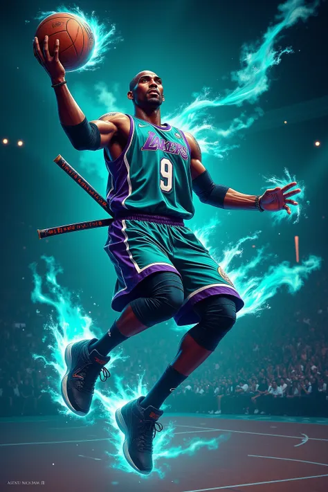 A dark-skinned man, likely Kobe Bryant in his late twenties or early thirties, is depicted in a dynamic basketball action pose. He is a professional basketball player, wearing a teal and purple Los Angeles Lakers jersey with the number 9 prominently displ...
