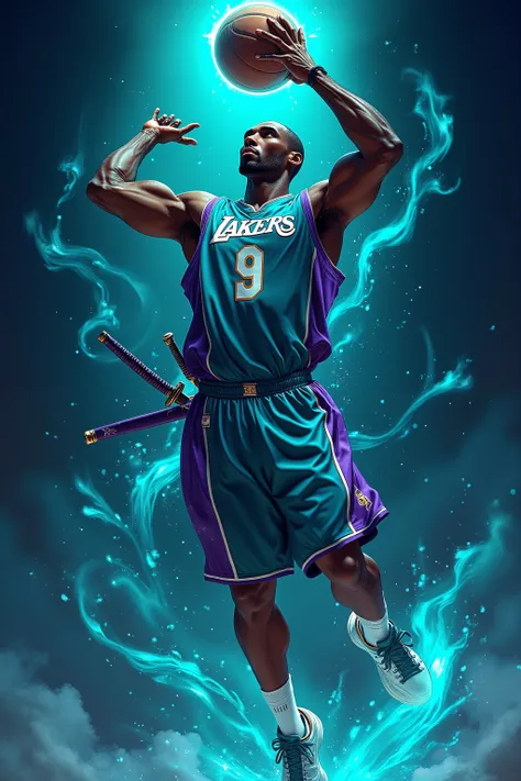 A dark-skinned man, likely Kobe Bryant in his late twenties or early thirties, is depicted in a dynamic basketball action pose. He is a professional basketball player, wearing a teal and purple Los Angeles Lakers jersey with the number 9 prominently displ...