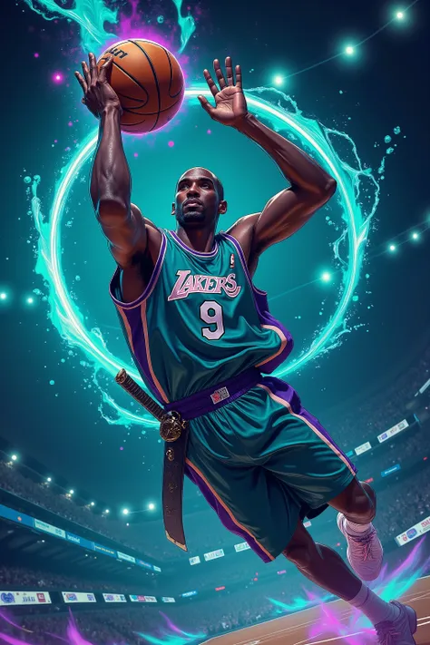 A dark-skinned man, likely Kobe Bryant in his late twenties or early thirties, is depicted in a dynamic basketball action pose. He is a professional basketball player, wearing a teal and purple Los Angeles Lakers jersey with the number 9 prominently displ...