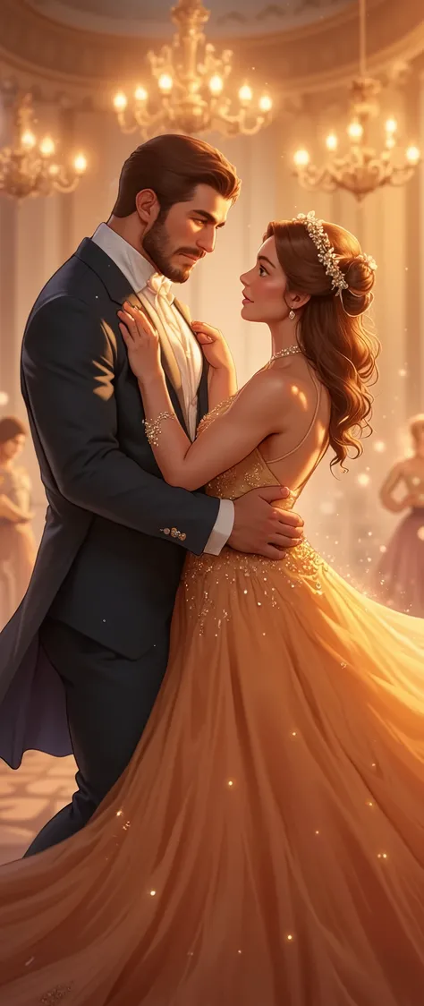 In a fairytale ballroom, a handsome prince in an elegant formal suit and a beautiful princess in a dazzling dress dance together. Their looks reflect love and emotion as they gracefully spin on the dance floor. The warm and magical lighting, with sparkling...