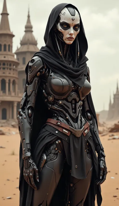 Realistic drawing. High quality 4k, high detail; a hybrid of a robot and a woman poses erotically; iron cybernetic body, hooded cape,  thin medieval fabric skirt made of fabric strips; glowing eyes, black top, Salma Hayek Face,  Dark makeup;  A destroyed a...