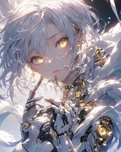 ((masterpiece)), ((Highest quality)), (very detailed), ((VERY WELL DETAILED)), 4K, (8k), Highest quality, (beautiful), VERY WELL DETAILED game CG, Glow effect , Sparkling effect, stylish pose,beautiful機械女性 , 1 Girl, solo, silver robots suit, robots, beau...