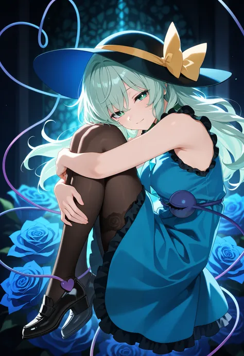 masterpiece, best quality, amazing quality, from side, 1girl, Koishi Komeiji, \(Touhou\), aged up, half-closed eyes, light smile, light blush, floating, hugging own legs, looking at viewer, alternate hairstyle, long hair, bangs, green eyes, white pupils, m...