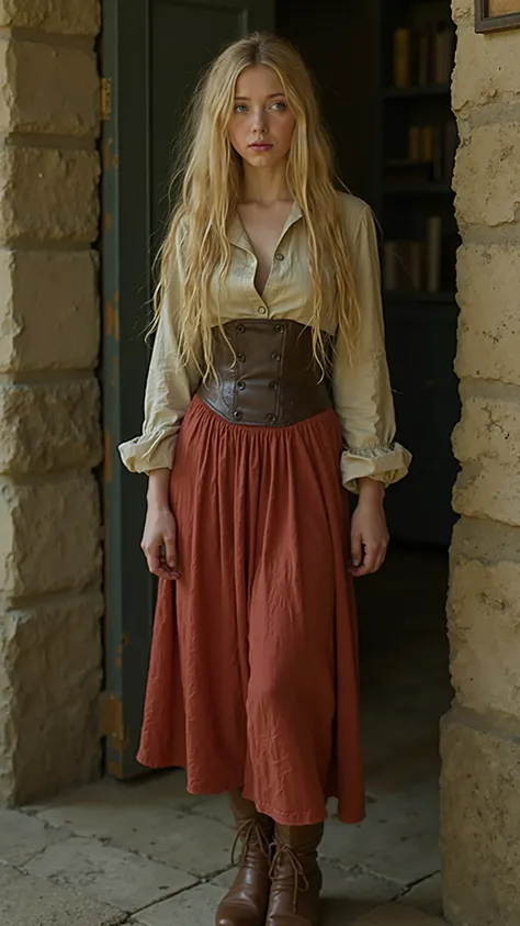 NSFW、Old Photos、19th century France、Beautiful girl with long blonde hair parted in the middle、blue eyes、Modest breasts、I'm wearing a raw long-sleeved collared shirt、red knee-length cotton skirt、brown bodice、brown leather booties、Dirty clothes and body from...