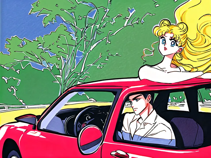 Book cover, modern art style, Sketch of a handsome male with black hair low long ponytail and blue eyes, a pretty girl blonde gold long hair double bun sailormoon , sexy, spring, she is in sexy pink dress, he is in jeans and white shirt, they sit in the bl...