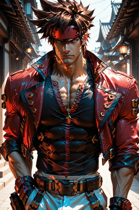 masterpiece, best quality, absurdres, newest, very aesthetic, amazing quality,highres, 1boy, male, Sol Badguy, brown hair, gold eyes, black vest, red jacket, belt, headband,ultra-detailed, intricate details