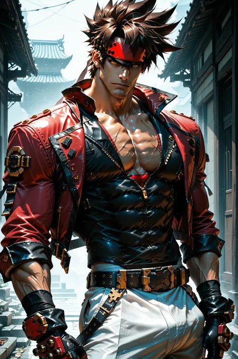 masterpiece, best quality, absurdres, newest, very aesthetic, amazing quality,highres, 1boy, male, Sol Badguy, brown hair, gold eyes, black vest, red jacket, belt, headband,ultra-detailed, intricate details