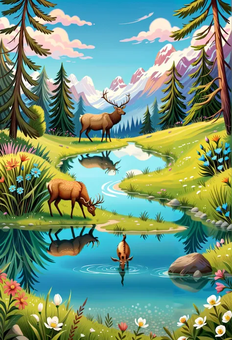 spring，flowers blooming，beautiful scenery，Elk by the lake ， Reflections in the Water ， symmetric composition online