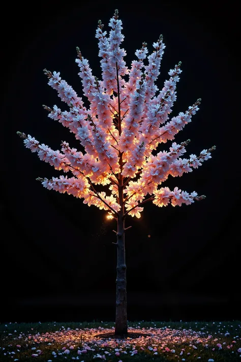 A single sakura tree in full bloom, depicted in minimalistic photorealistic style, glowing softly in the darkness. The blossoms emit a subtle bioluminescent glow, like moonlit silk—natural, delicate, and ethereal. Petals in soft shades of pale pink and whi...