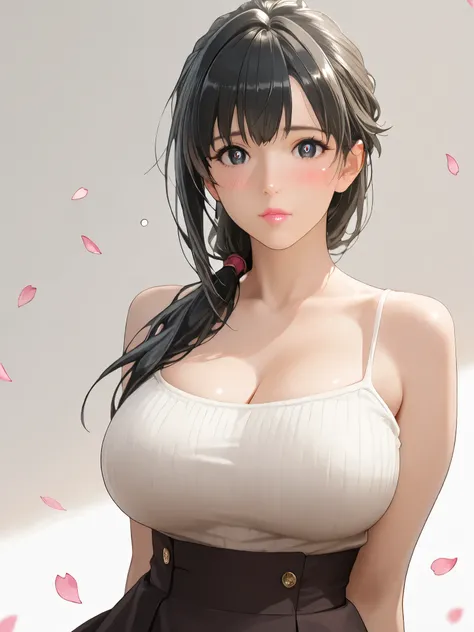 masterpiece, absurdres, yuki yokoya\(kimi wa meido sama\), 1girl, solo,mature female, spaghetti strap top, high waist mini skirt, looking at viewer, (falling petals), perfect composition, detailed lips, big breast, beautiful face, expression of confusion, ...