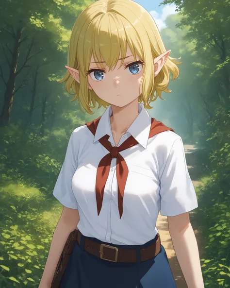 1 девочка, Соло, Высокое разрешение,  white collared shirt, short sleeves, red neckerchief, neckerchief, belt, blue skirt, sky, облака, forest, short hair, blonde hair, green hair, blue eyes, pointy ears, shirt, medium breasts, looking at viewer