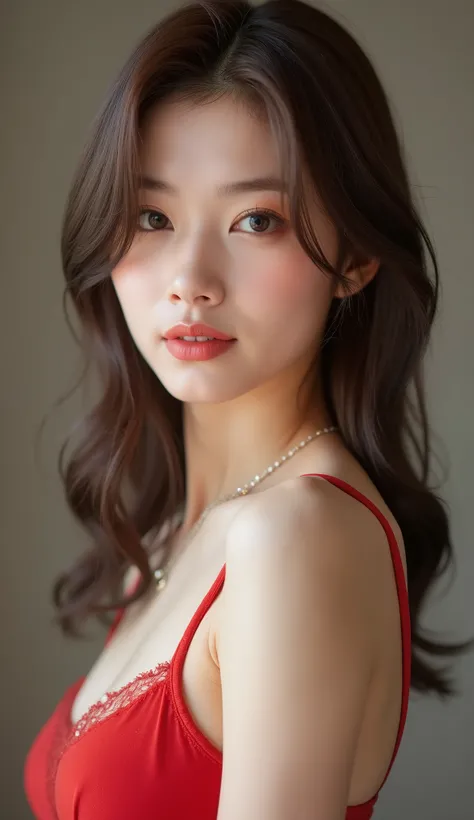(Highest quality:1.4)、(Ultra-high resolution:1.2)、(Realistic:1.4)、(16K、RAW Photos:1.2)、(Portrait Shot:1.3)、One girl、alone、Medium Hair、Dark brown hair、Upper Body、White and smooth armpits、Raise one arm、Red Bra、Medium chest、Detailed face、Looking at me with a ...