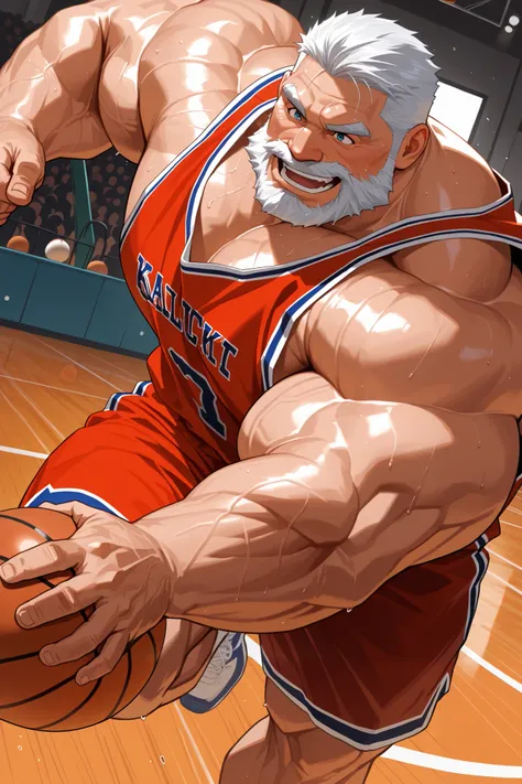 solo, huge muscular old man, happy, side chest, Stand slightly sideways, side angel, shirtless, very huge pectoral, shorts, basketball, running, playing basketball, dribble ball, jersey, basketball fields, playing basketball, detailed face:1.3, eyes, wide ...