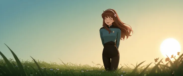 masterpiece,best quality,
,solo,,hairband , brown hair,long hair,bangs,in a garden,flower in hair,green grass,sun,happy, TNG blue uniform,black pants ,