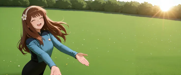 masterpiece,best quality,
,solo,,hairband , brown hair,long hair,bangs,in a garden,flower in hair,green grass,sun,happy, TNG blue uniform,black pants ,
