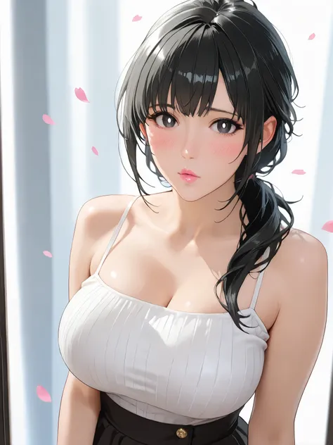 masterpiece, absurdres, yuki yokoya\(kimi wa meido sama\), 1girl, solo,mature female, spaghetti strap top, high waist mini skirt, looking at viewer, (falling petals), perfect composition, detailed lips, big breast, beautiful face, expression of confusion, ...