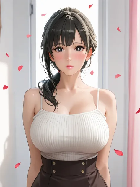 masterpiece, absurdres, yuki yokoya\(kimi wa meido sama\), 1girl, solo,mature female, spaghetti strap top, high waist mini skirt, looking at viewer, (falling petals), perfect composition, detailed lips, big breast, beautiful face, expression of confusion, ...