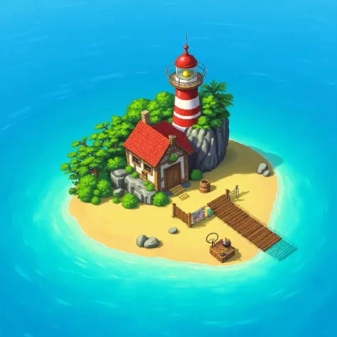 A vibrant, high-resolution digital painting of a small, picturesque island floating in a vast, bright blue ocean with gentle water ripples. The island features a charming lighthouse with red and white stripes, topped with a glowing lantern. A small, cozy h...
