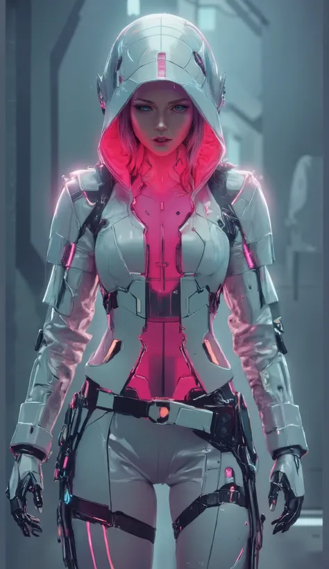 A vibrant, detailed and futuristic full body illustration showcasing a 21-year-old Caucasian female gaming character dressed in a futuristic, mech-like white hooded armor  jacket over a glowing neon pink top, white leather armor pants and futuristic armor ...
