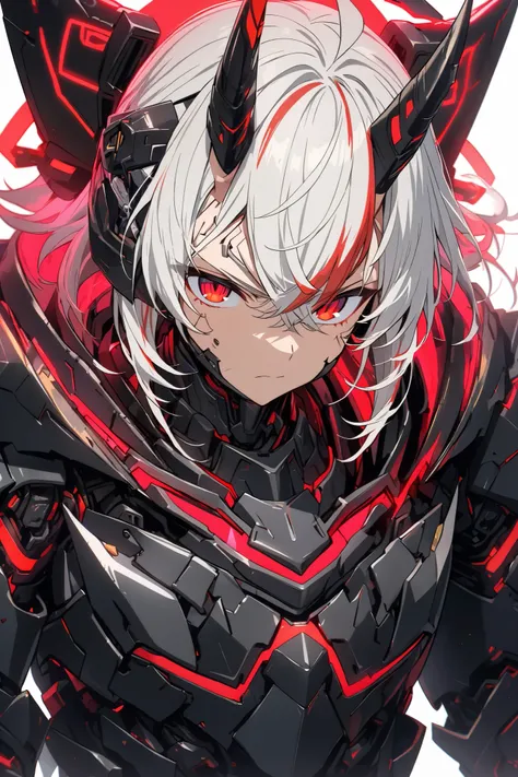 [(WHITE BACKGROUND:1.5),::5], ((masterpiece)), high quality, ultra very high resolution, full color, ((solo)), ((boy)), Black armor, Cyborg boy,  (ONI armor), ((ONI mechanical horn)), ((men's White hair)), (Red streaked hair), (Red eyes), anime, (upper bod...