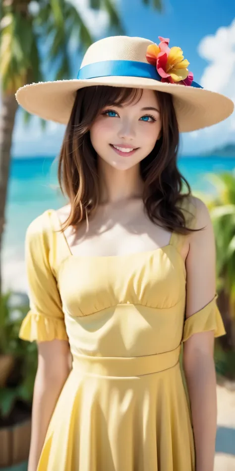 ((very detailed)),, (8k), Highest quality, (beautiful),((masterpiece)), ((Highest quality)), beautiful girls, Super small breasts ,Realistic Portraits, straw fedora hat , (super detailed), (( cute)), trembles),Outdoors、blurry background:1.5、(( South Island...