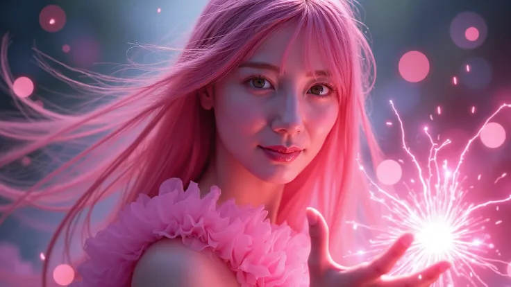   age,  long pink hair,  wave hair, beautiful and charming pink dress,  ambereyes  , eyes as bright and beautiful as the sun,   beautiful,  Pink magic in your hands
