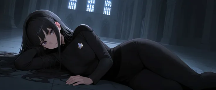 masterpiece,best quality,
,solo,,hairband , goth black hair,long hair,bangs,by gothic cathedral in hair,,streaks moonlight,deadpan, , TNG black lace uniform,black pants ,
