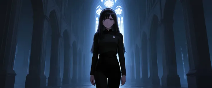 masterpiece,best quality,
,solo,,hairband , goth black hair,long hair,bangs,by gothic cathedral in hair,,streaks moonlight,deadpan, , TNG black lace uniform,black pants ,