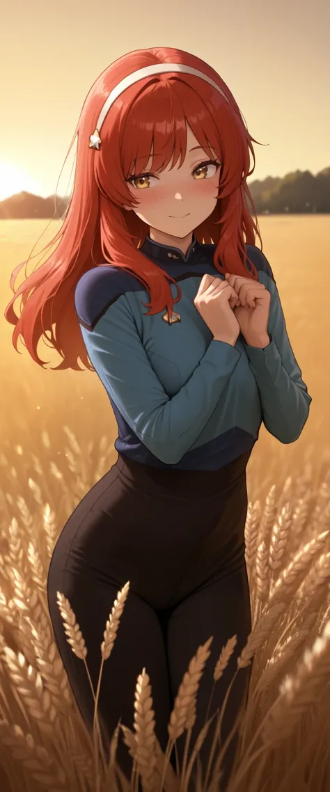 masterpiece,best quality,
,solo,,hairband , ginger red hair,long hair,bangs,in a wheat,field in hair,,golden sunset,blush blissful, pleasantly Wheatfield TNG blue uniform,black pants ,