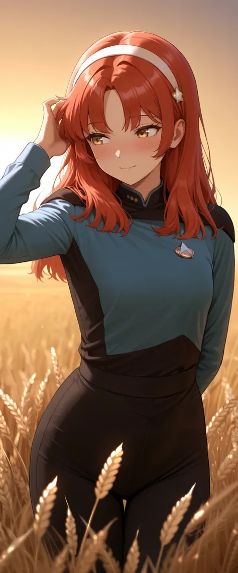 masterpiece,best quality,
,solo,,hairband , ginger red hair,long hair,bangs,in a wheat,field in hair,,golden sunset,blush blissful, pleasantly Wheatfield TNG blue uniform,black pants ,