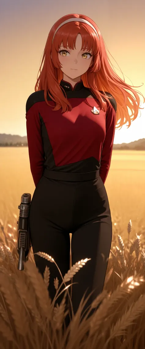 masterpiece,best quality,
,solo,,hairband , ginger red hair,long hair,bangs,in a wheat,field in hair,,golden sunset,ferice with phaser shooting in Wheatfield TNG red uniform,black pants ,