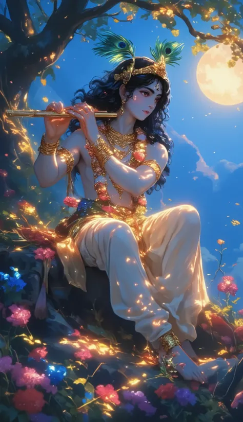 Create an image of Lord Shri Krishna, with long, thick, black curly hair, a masculine face but very handsome, a gold crown on the head with a peacock feather in it, wearing a white dhoti, gold jewellery around the neck and a garland of flowers, sitting on ...