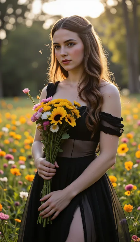 A Gothic woman of breathtaking beauty, that embodies the essence of femininity, fertility and purity, stands gracefully on a sunny meadow, full of wild flowers. Her long, undulating wavy brown hair, with freckles,light brown eyes, reminiscent of red wine, ...