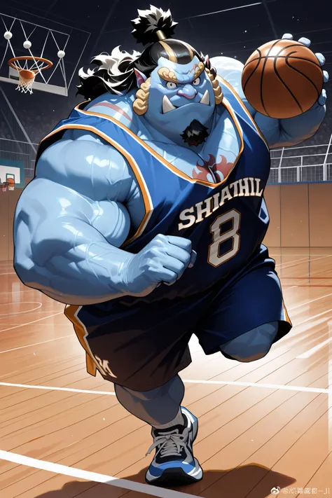 solo, chubby jinbe, chest tattoo, happy, side chest, Stand slightly sideways, side angel, shirtless, very huge pectoral, shorts, basketball, jersey, basketball fields, running, playing basketball, dribble ball, detailed face:1.3, eyes, wide shoulder, thick...