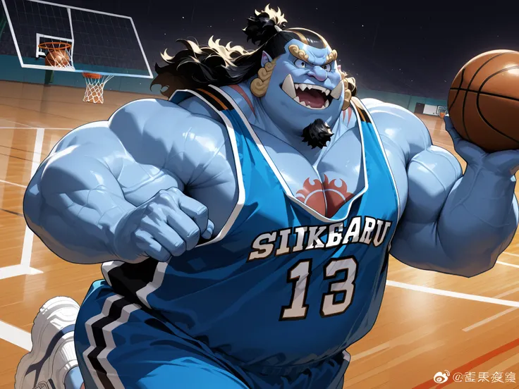solo, chubby jinbe, chest tattoo, happy, side chest, Stand slightly sideways, side angel, shirtless, very huge pectoral, shorts, basketball, jersey, basketball fields, running, playing basketball, dribble ball, detailed face:1.3, eyes, wide shoulder, thick...
