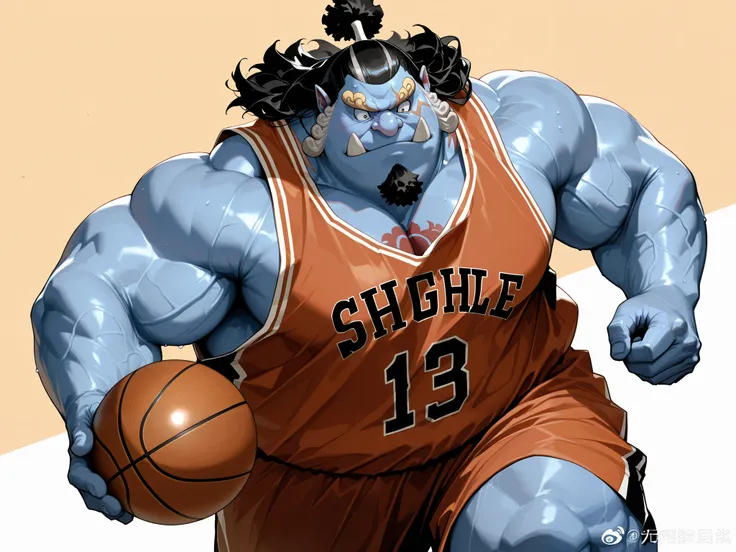solo, chubby jinbe, chest tattoo, happy, side chest, Stand slightly sideways, side angel, shirtless, very huge pectoral, shorts, basketball, jersey, basketball fields, running, playing basketball, dribble ball, detailed face:1.3, eyes, wide shoulder, thick...