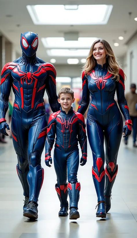 character: 1 man with mask full head, 1 boy, and 1 young women.
action: Walk straight and look straight ahead.
Expression : smiling.
Costume : they Wearing futuristic blue Spiderman body suit with red armor.
Background : A bright indoor public space ...