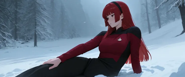 cinematic mood, masterpiece,best quality,
,solo,,hairband , ginger red hair,long hair,bangs,antop a peak of a moutain in winter storm, cold shivering, TNG red uniform,black pants ,